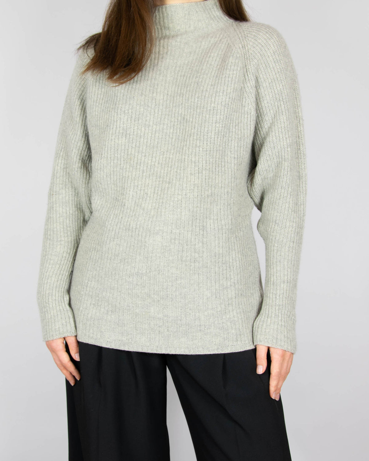 Grey wool and cashmere mock-neck sweater by premium brand Ralph Lauren.