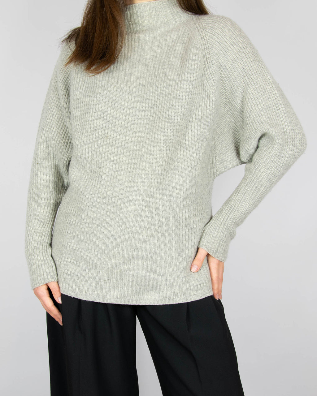 Grey wool and cashmere mock-neck sweater by premium brand Ralph Lauren.