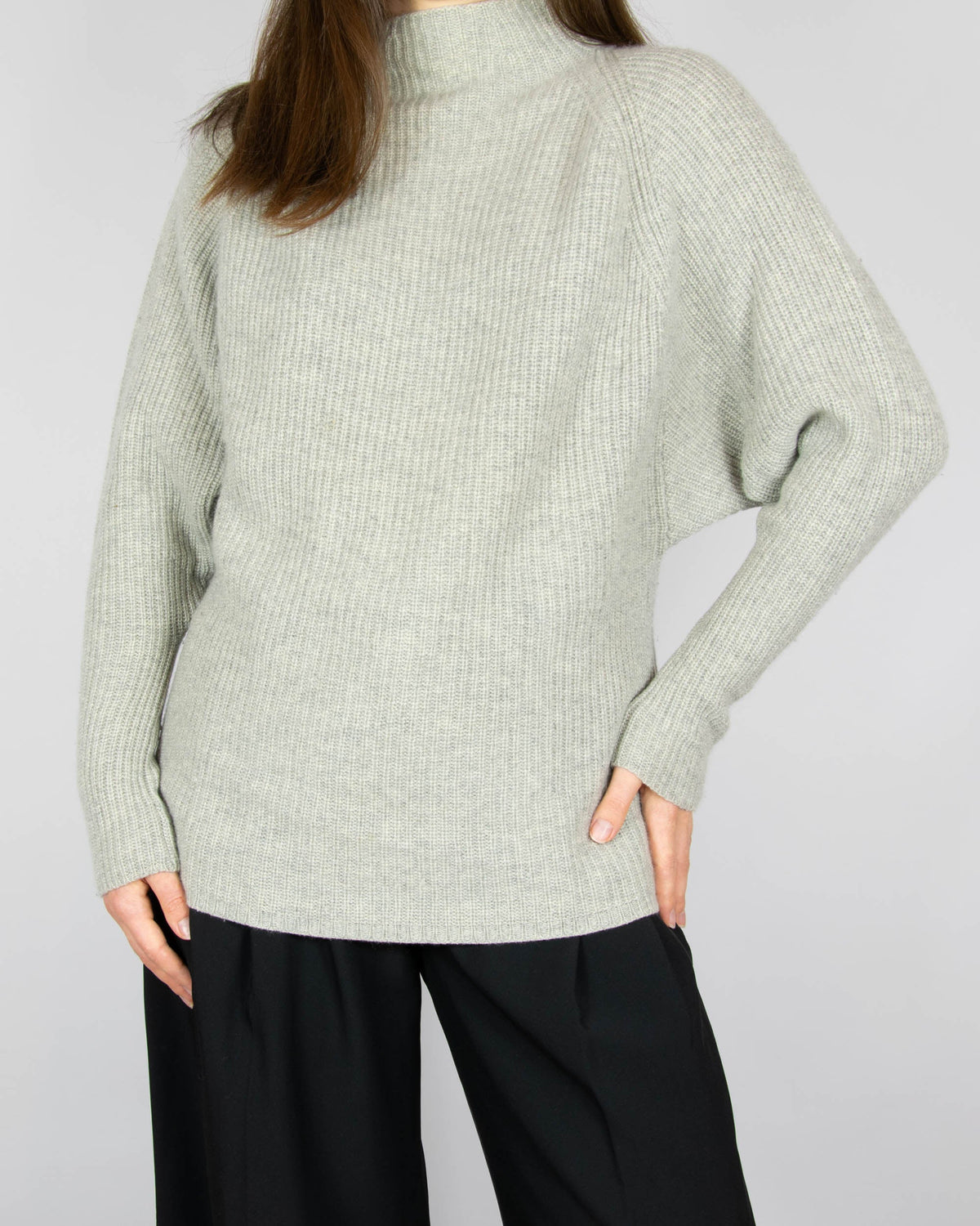 Grey wool and cashmere mock-neck sweater by premium brand Ralph Lauren.