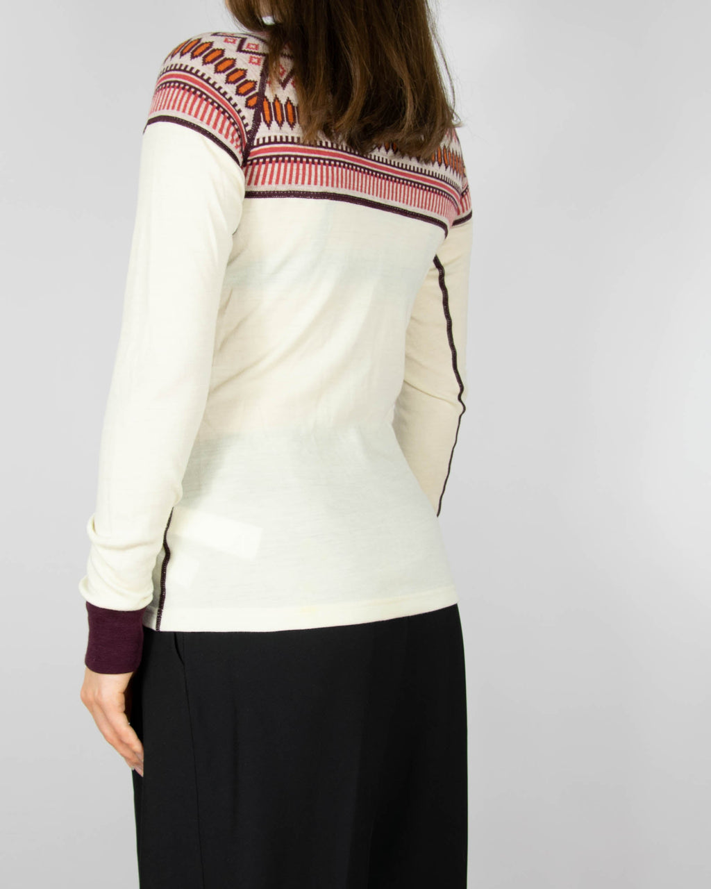 Cream and burgundy merino wool thermal top by Kari Traa