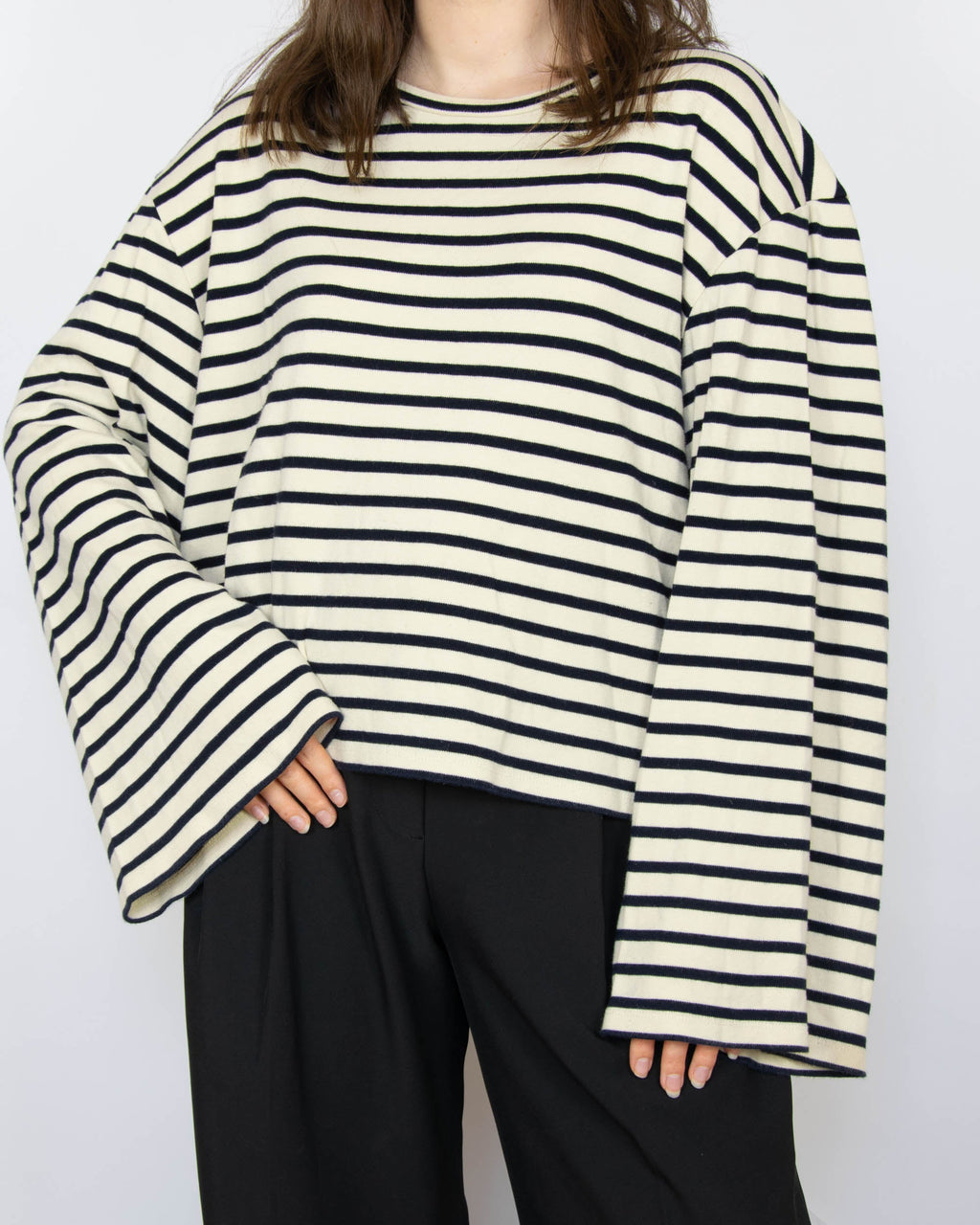 Cream and navy striped cotton blouse by BOII Studios