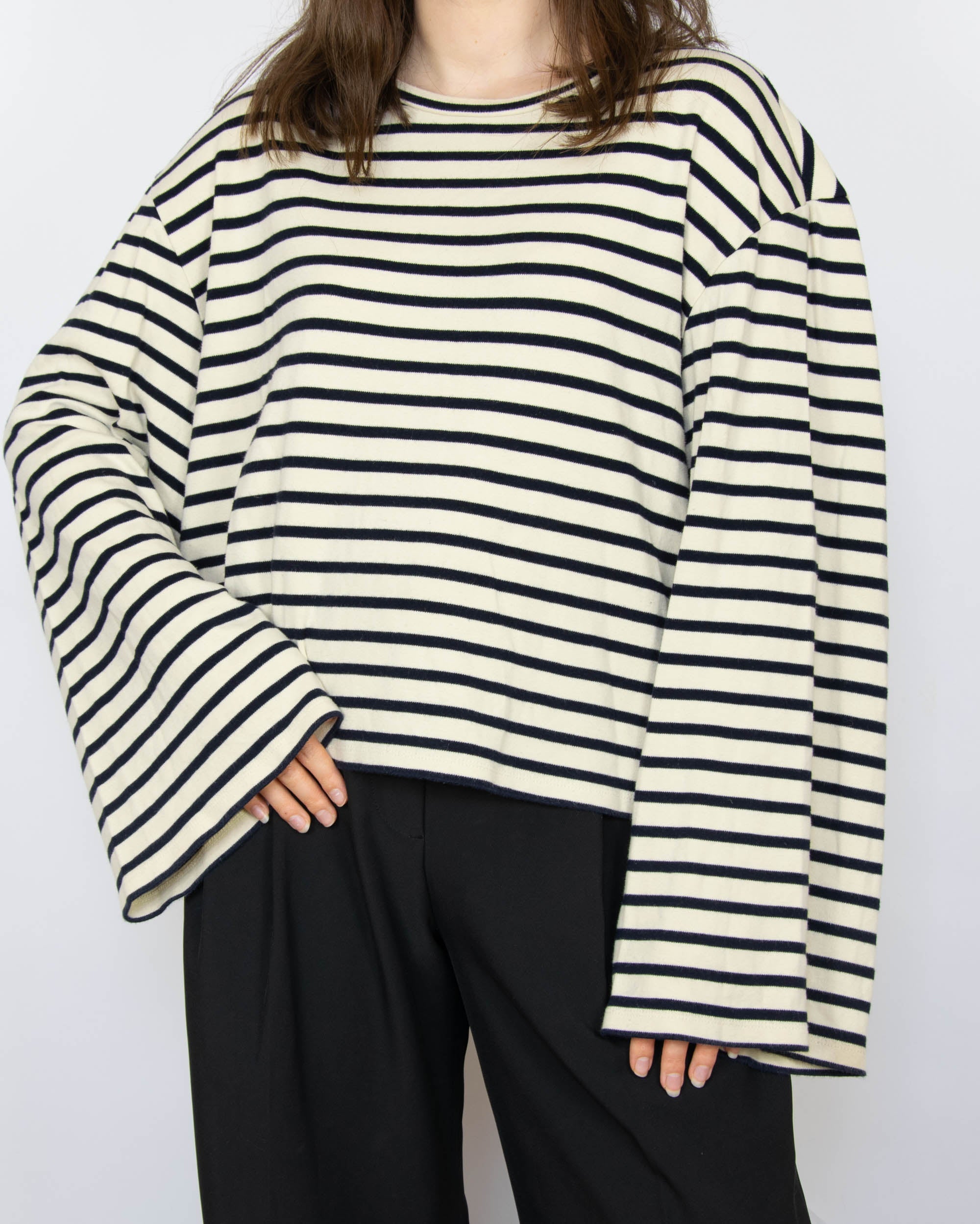 Cream and navy striped cotton blouse by BOII Studios