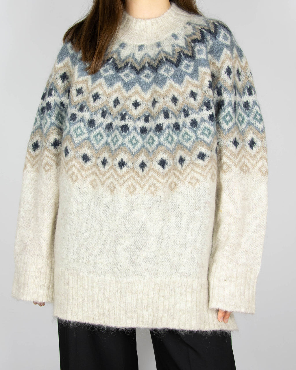 Cream and blue Fair Isle mohair and wool sweater by Newbie