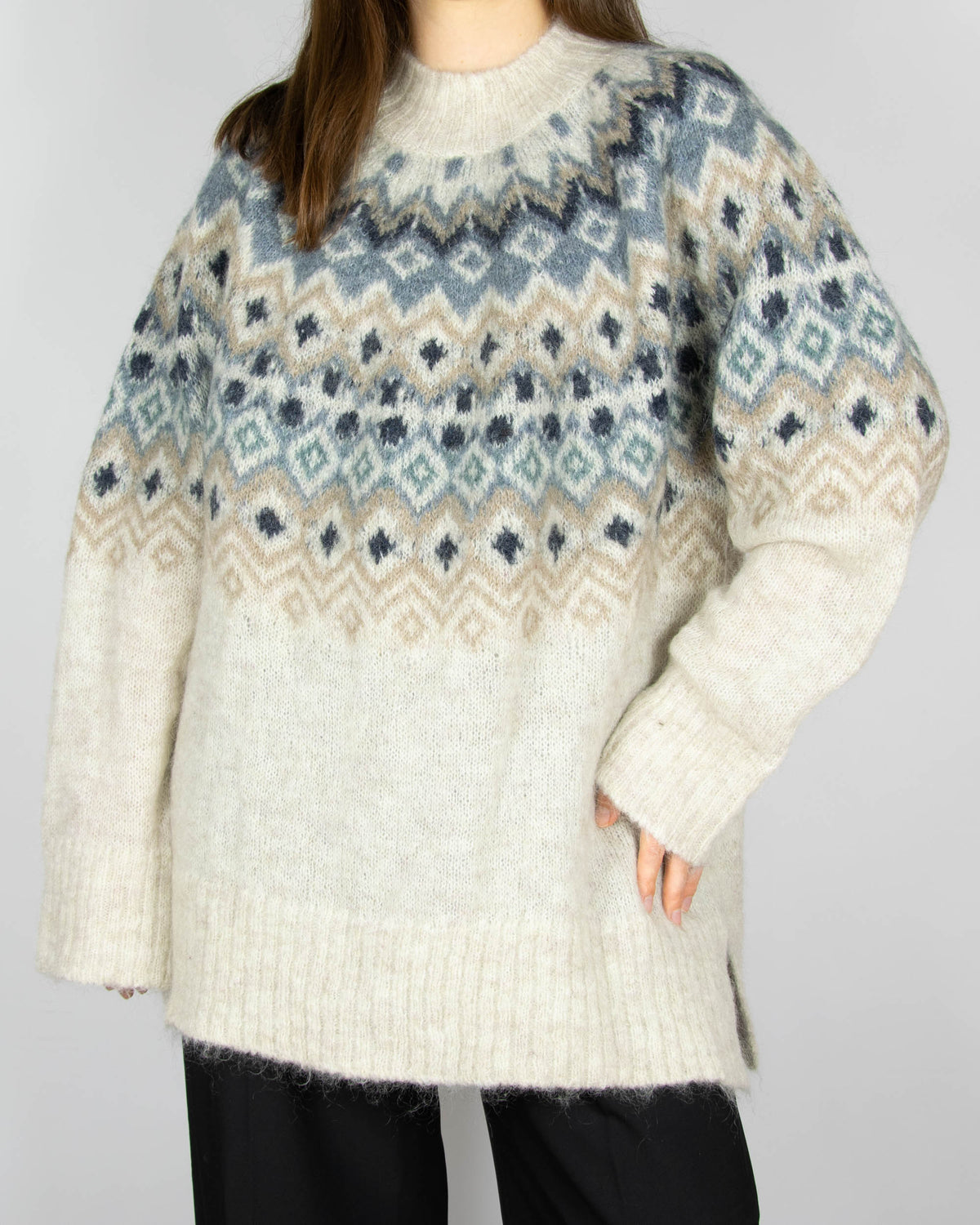 Cream and blue Fair Isle mohair and wool sweater by Newbie
