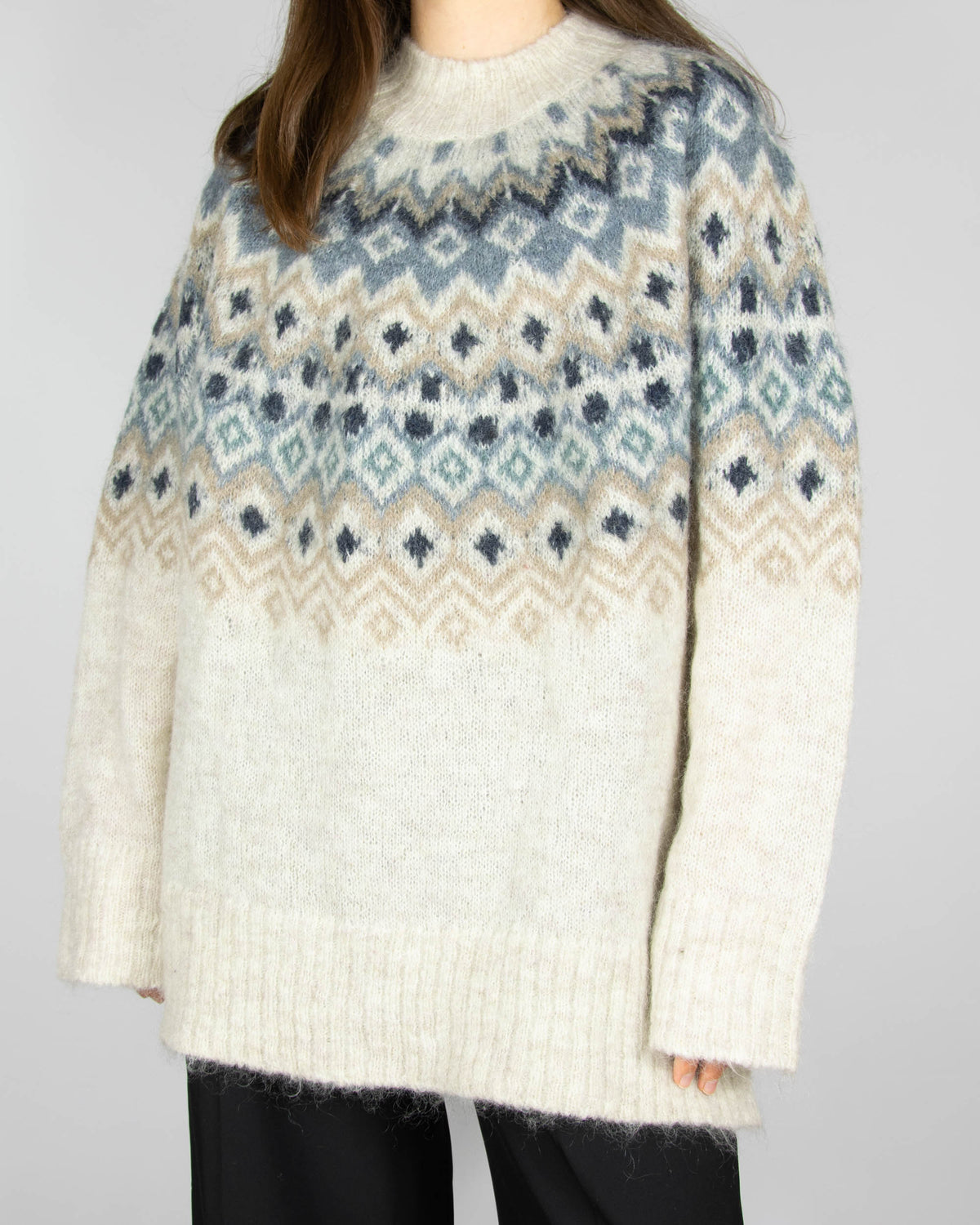 Cream and blue Fair Isle mohair and wool sweater by Newbie