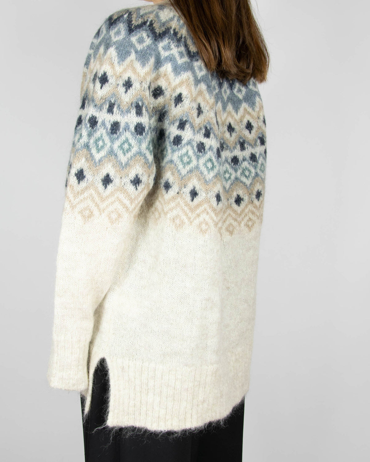 Cream and blue Fair Isle mohair and wool sweater by Newbie