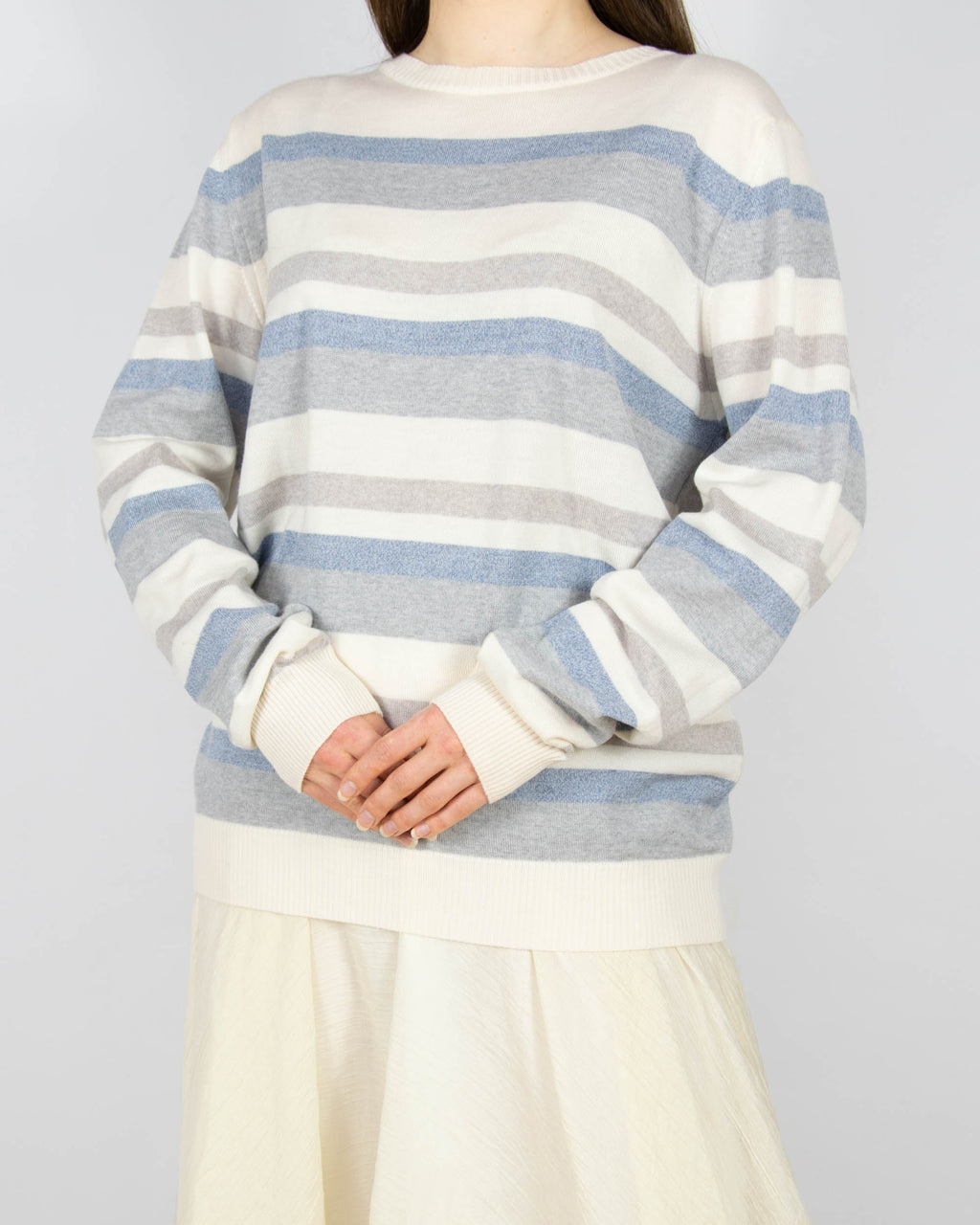 Blue and cream striped merino wool sweater by Swedish brand Stenströms