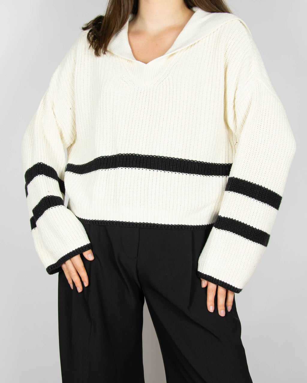 Cream modal and cotton sweater with black stripes by Massimo Dutti