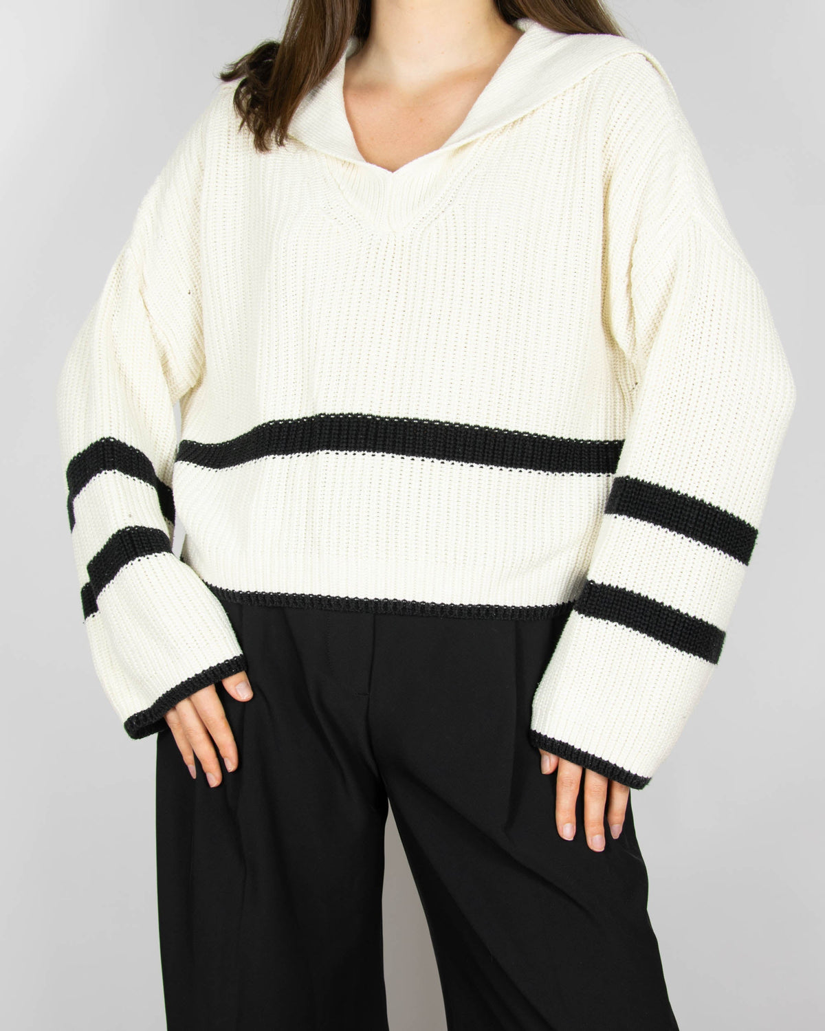 Cream modal and cotton sweater with black stripes by Massimo Dutti