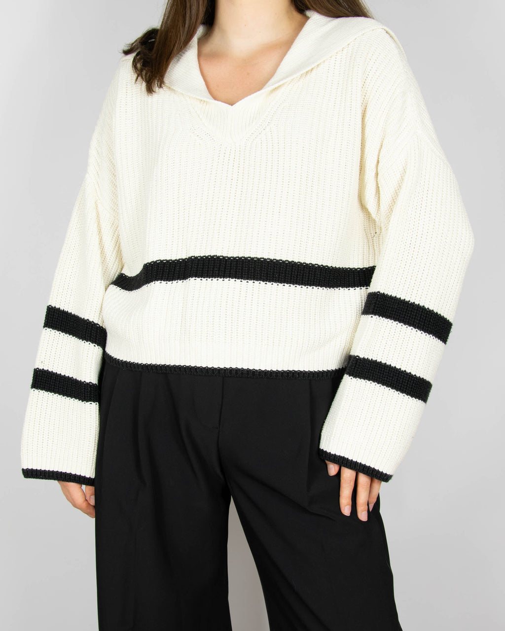 Cream modal and cotton sweater with black stripes by Massimo Dutti