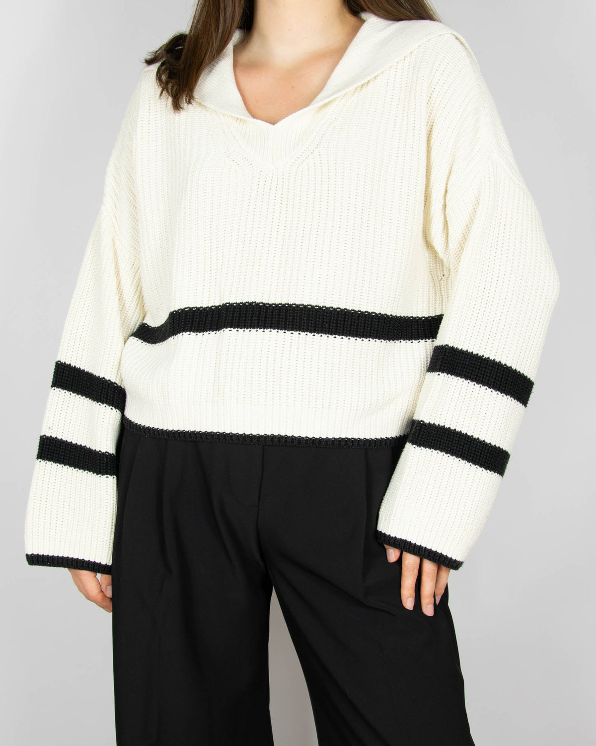 Cream modal and cotton sweater with black stripes by Massimo Dutti