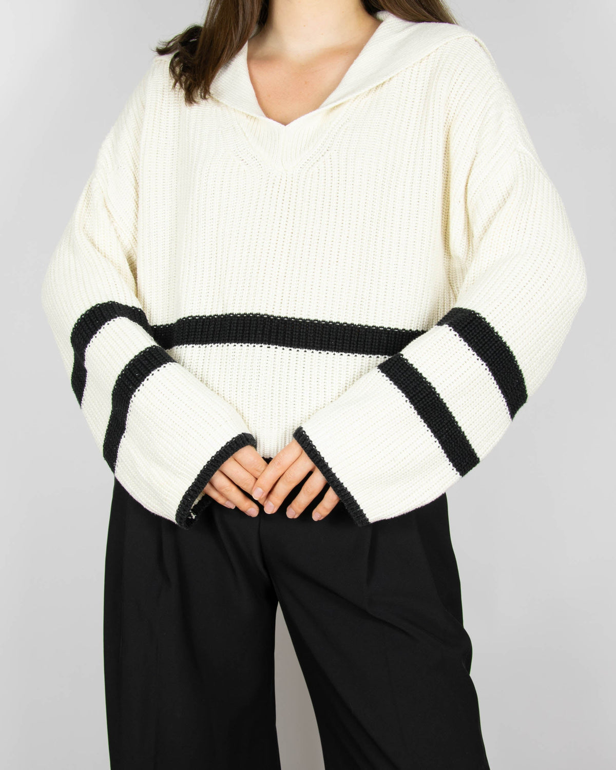 Cream modal and cotton sweater with black stripes by Massimo Dutti