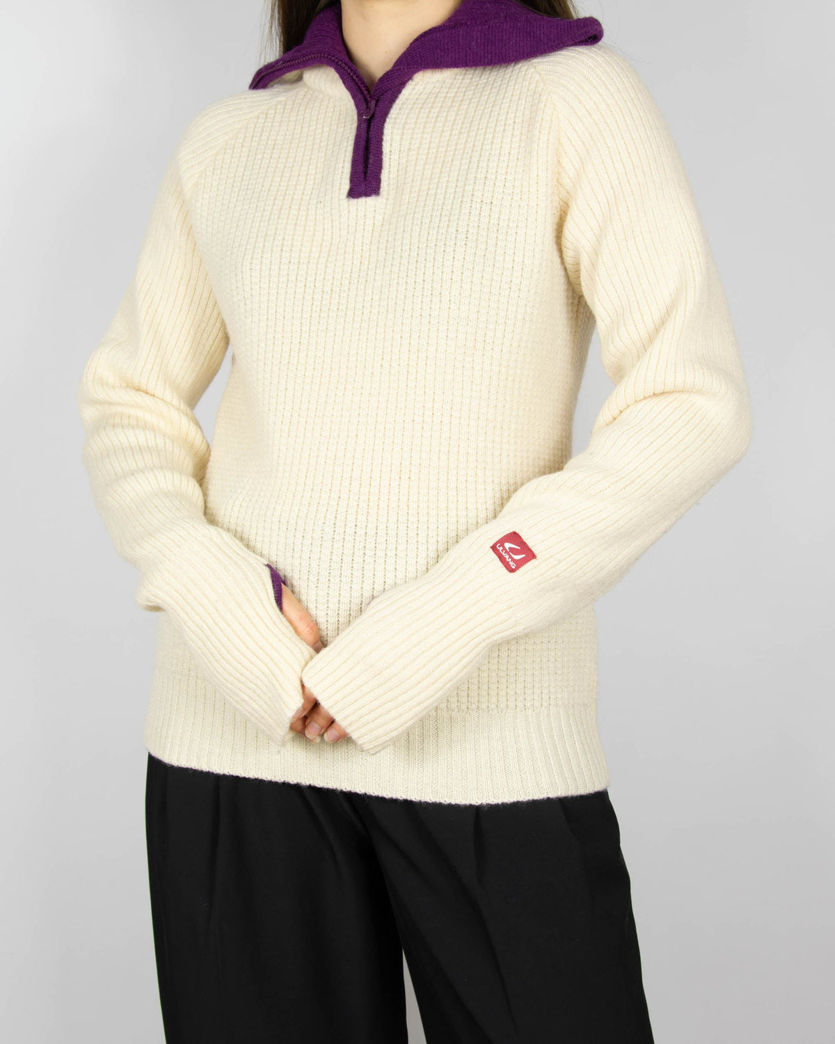 Cream and purple wool zip-up sweater by Ulvang
