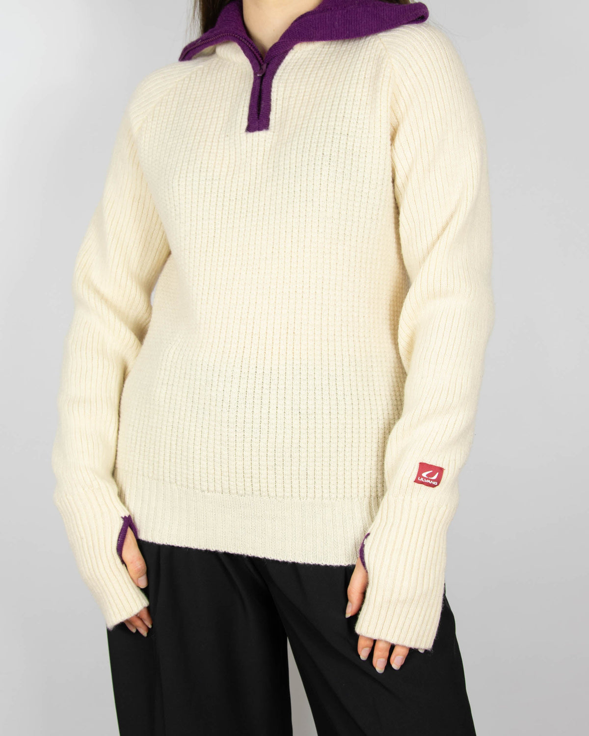 Cream and purple wool zip-up sweater by Ulvang