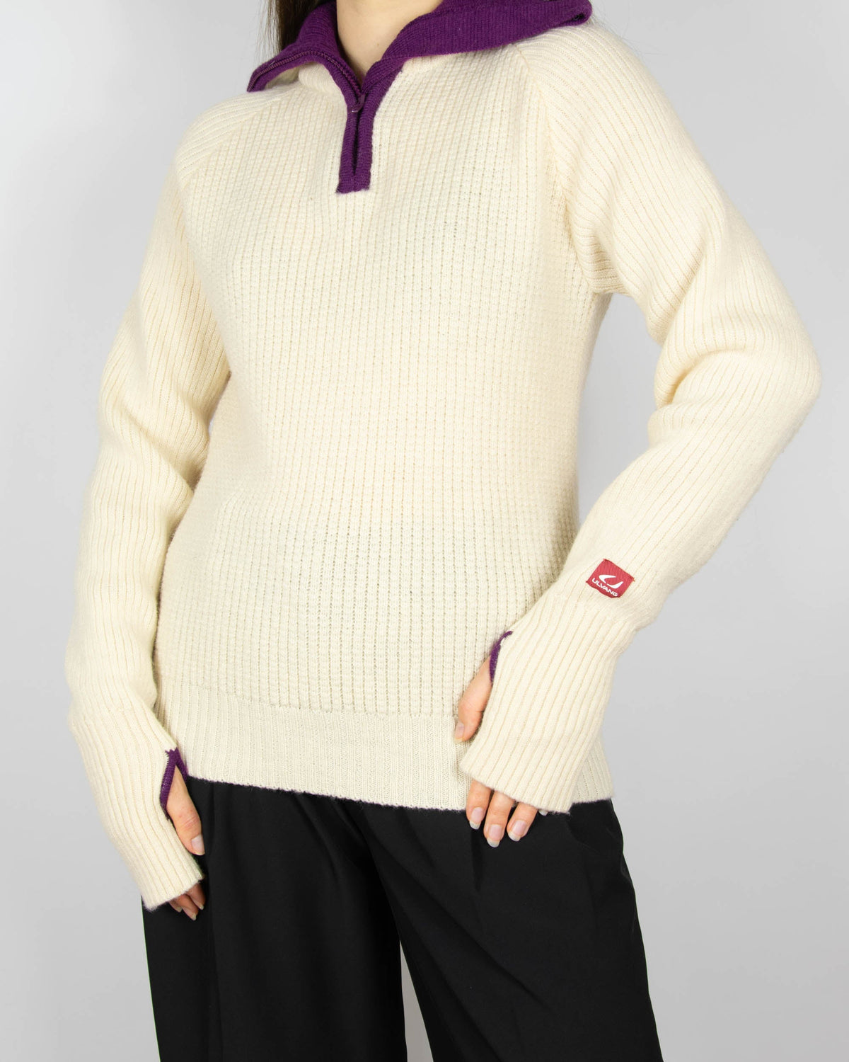 Cream and purple wool zip-up sweater by Ulvang
