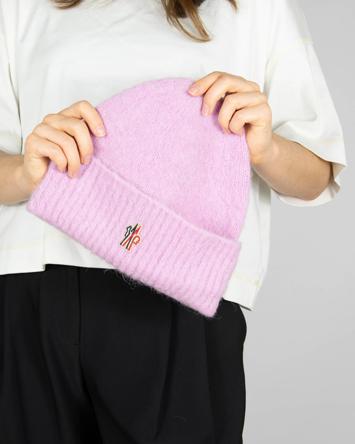 Pink alpaca hat from the Grenoble line by luxury brand Moncler