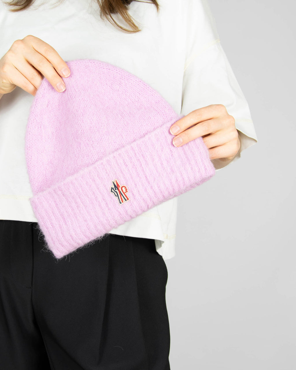 Pink alpaca hat from the Grenoble line by luxury brand Moncler