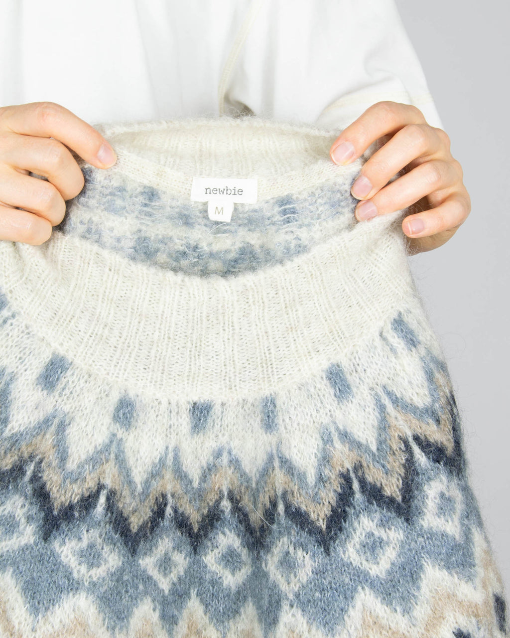 Cream and blue Fair Isle mohair and wool sweater by Newbie