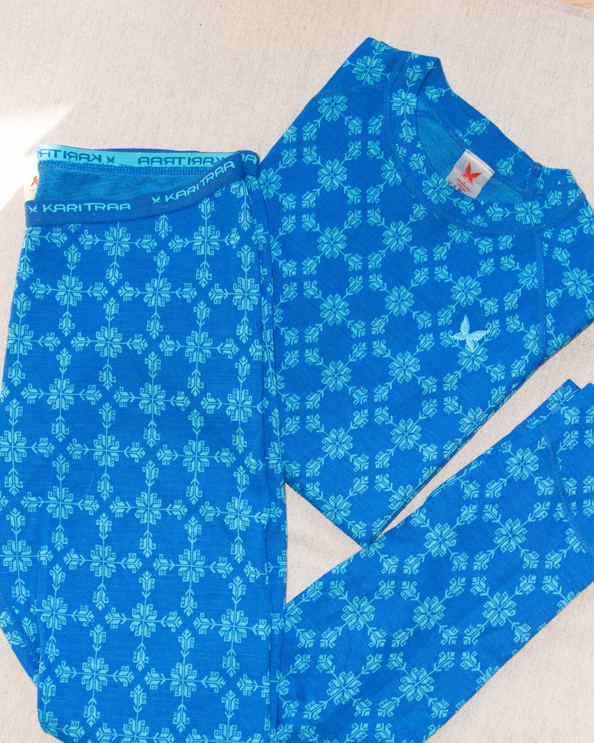 Blue merino wool thermal top and leggings set by Kari Traa