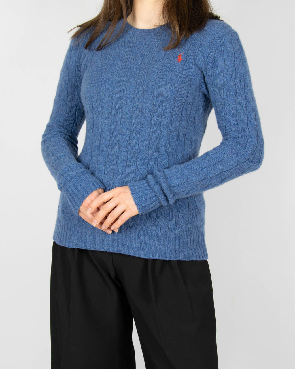 Blue cable-knit merino wool and cashmere sweater by premium brand Ralph Lauren