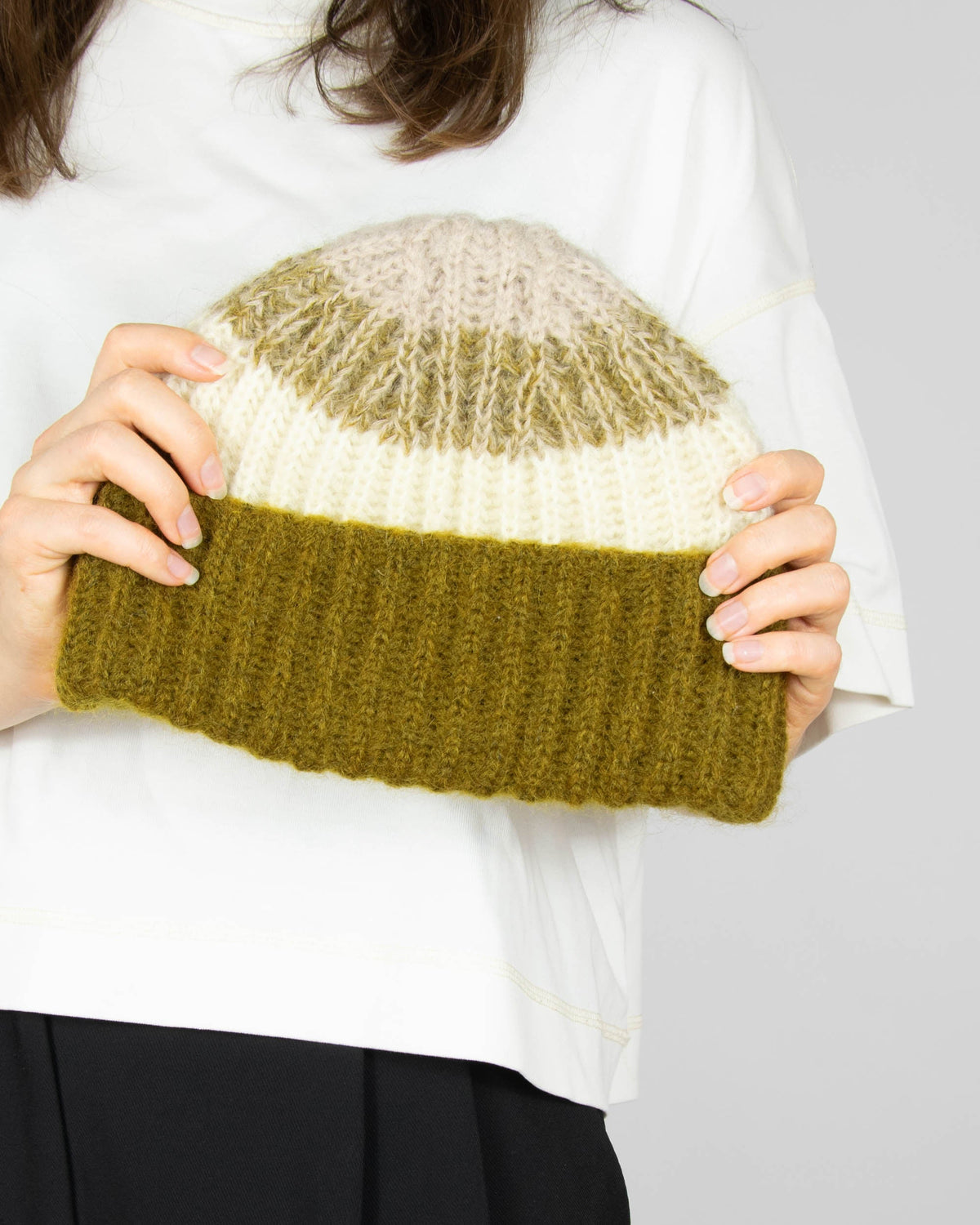 Olive and cream alpaca and merino wool hat by Camilla Pihl