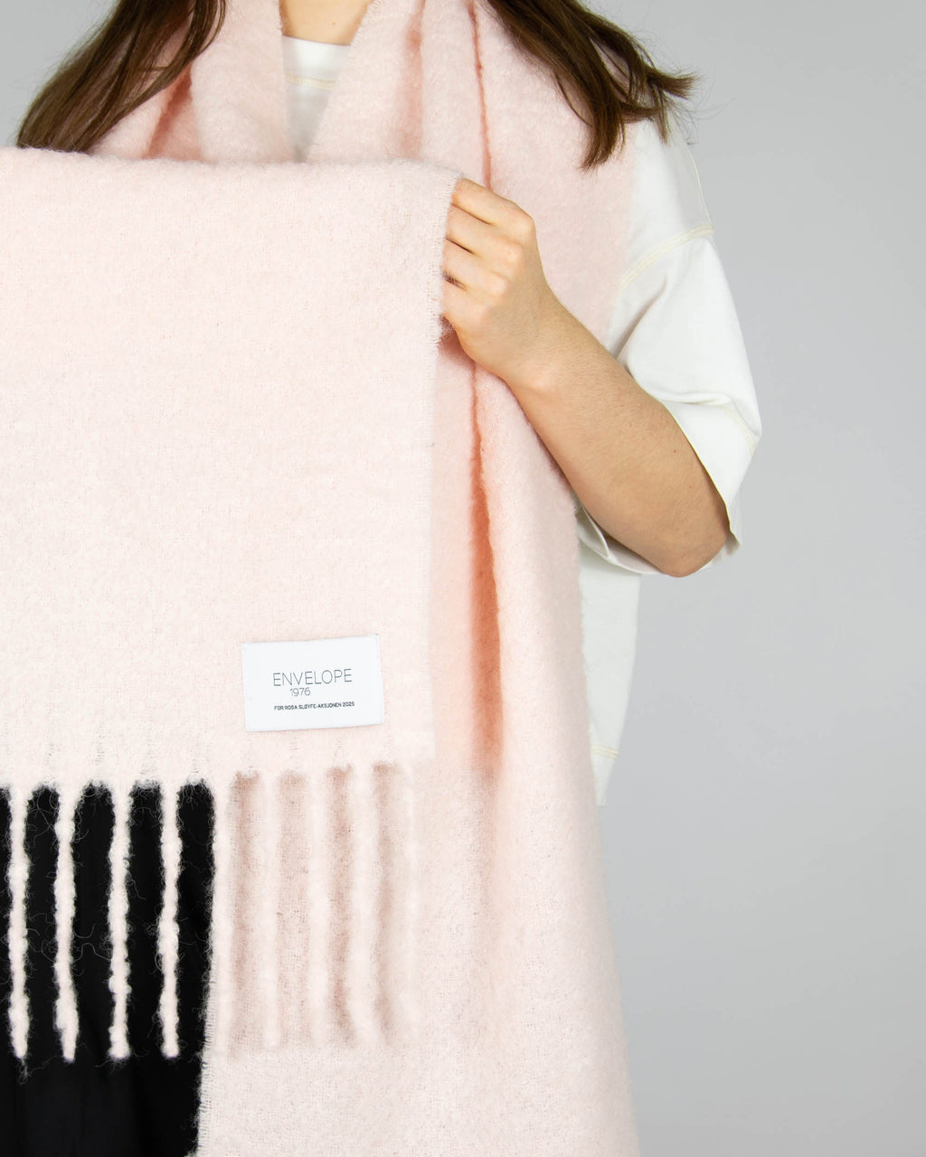 Large powder pink alpaca scarf by Norwegian luxury brand ENVELOPE 1976.