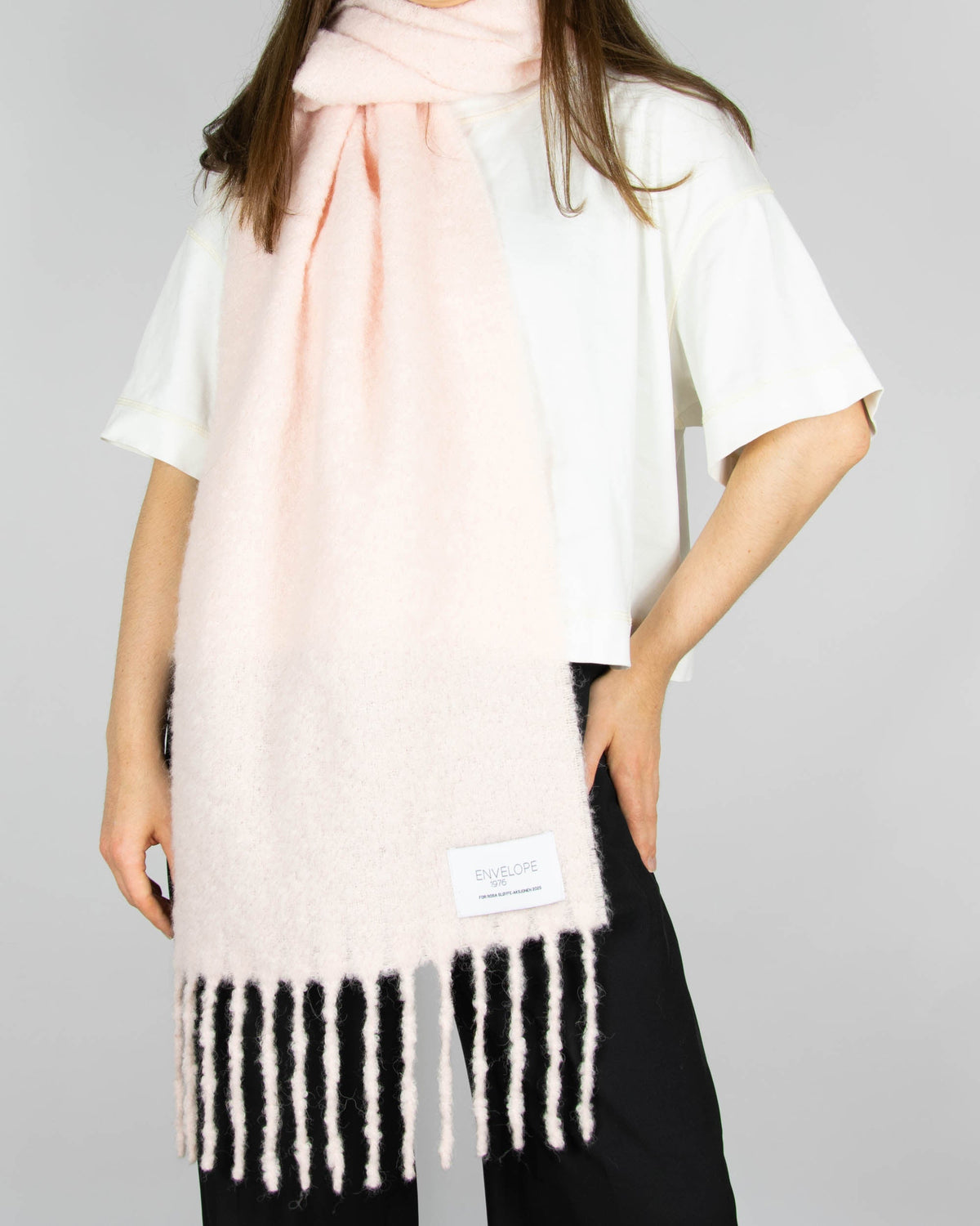 Large powder pink alpaca scarf by Norwegian luxury brand ENVELOPE 1976.
