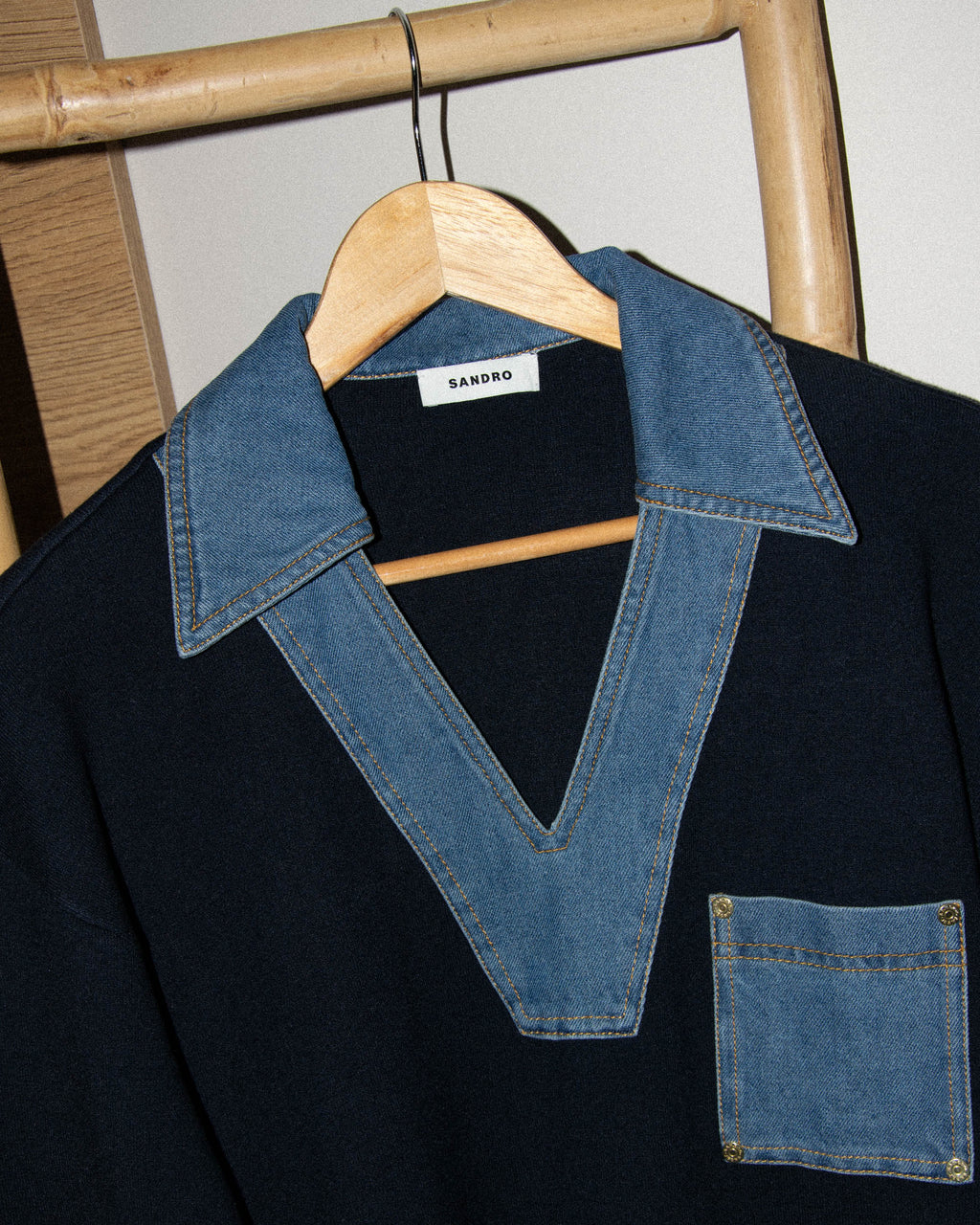 Navy viscose sweater with denim inserts by Sandro
