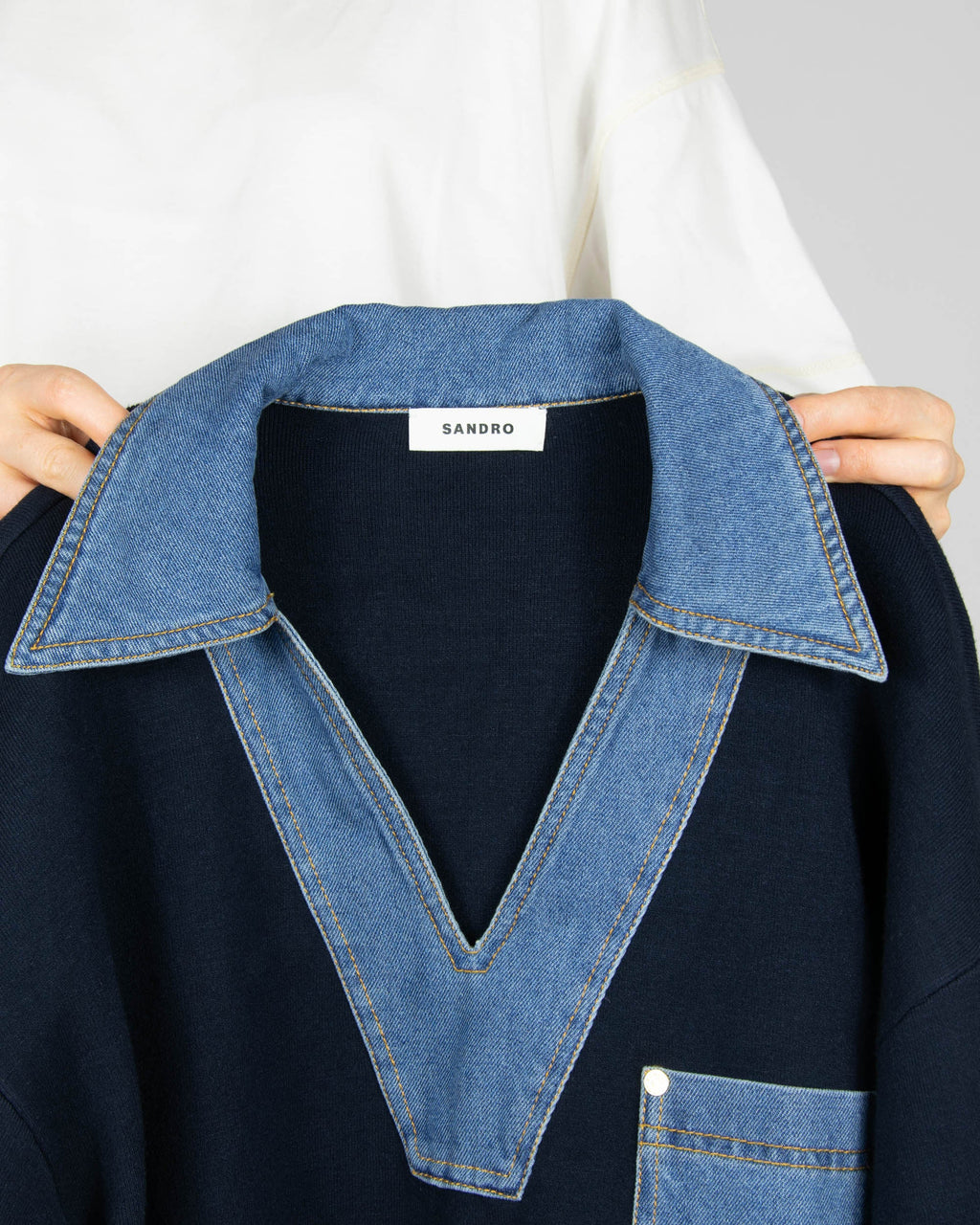 Navy viscose sweater with denim inserts by Sandro