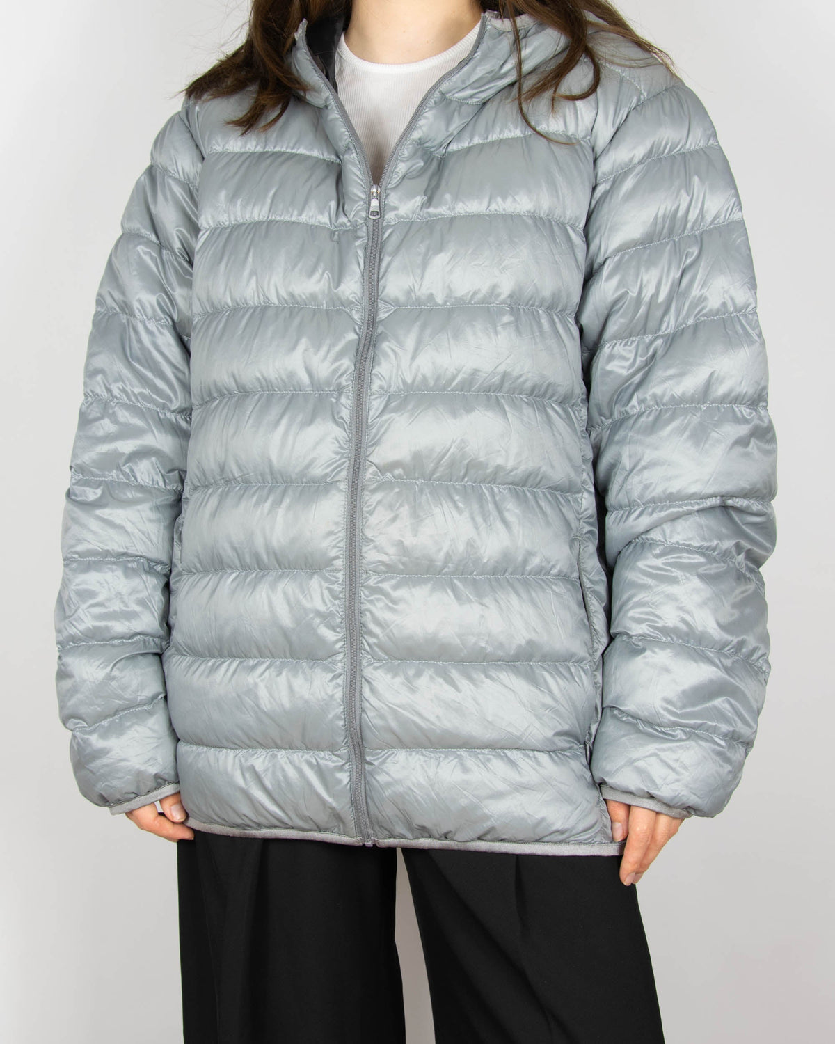 Light grey silver lightweight down jacket by Uniqlo