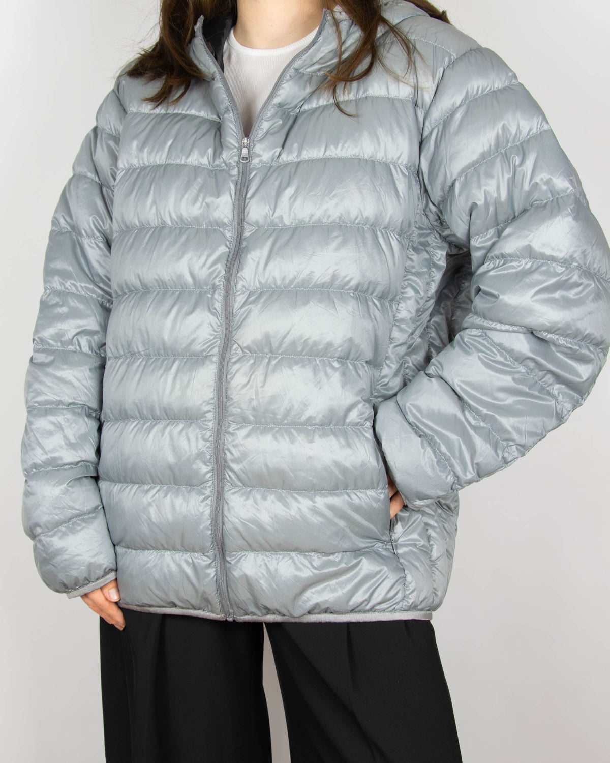 Light grey silver lightweight down jacket by Uniqlo