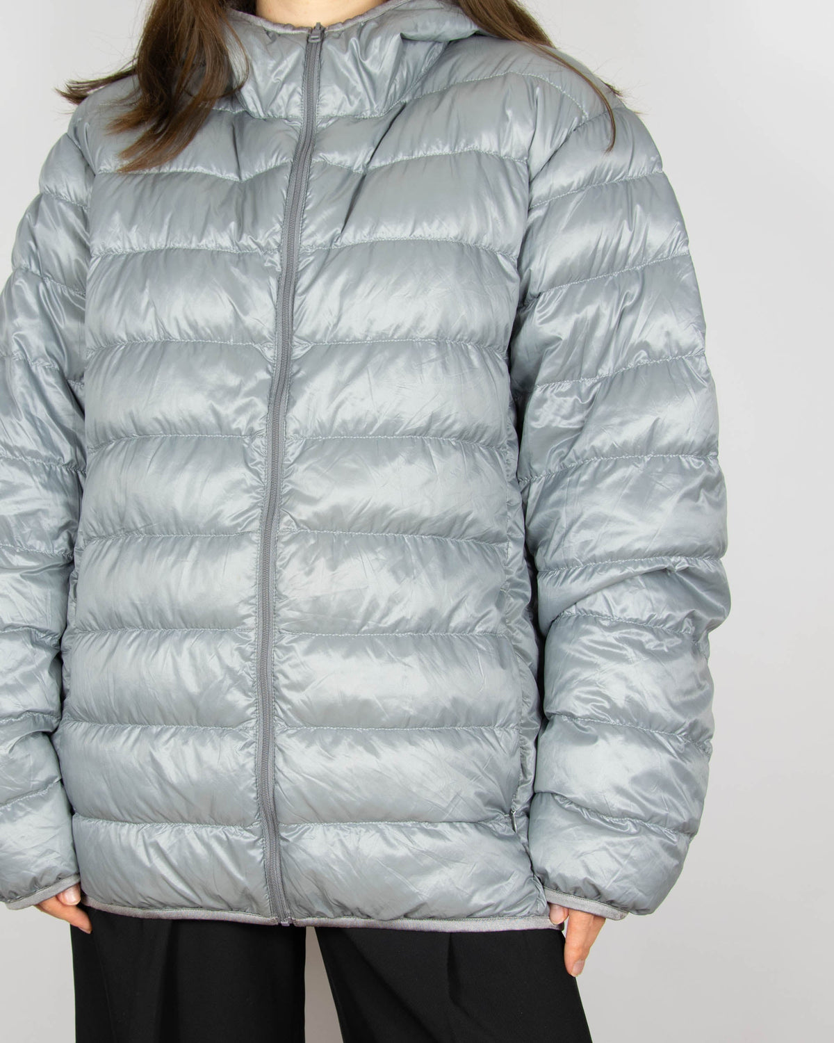 Light grey silver lightweight down jacket by Uniqlo