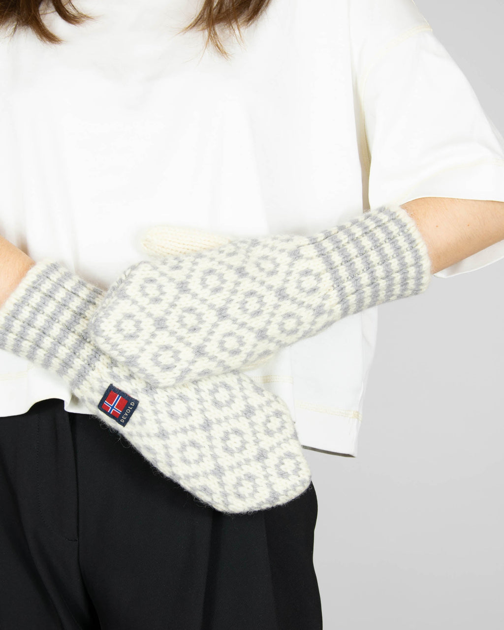 Grey and cream wool gloves by Norwegian brand DEVOLD. From the current collection.