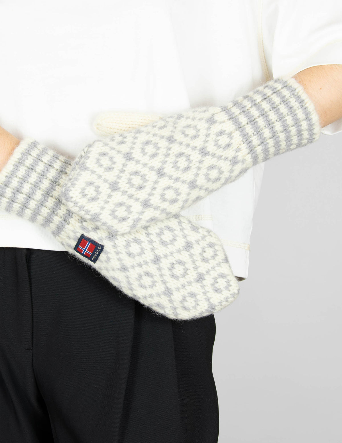 Grey and cream wool gloves by Norwegian brand DEVOLD. From the current collection.