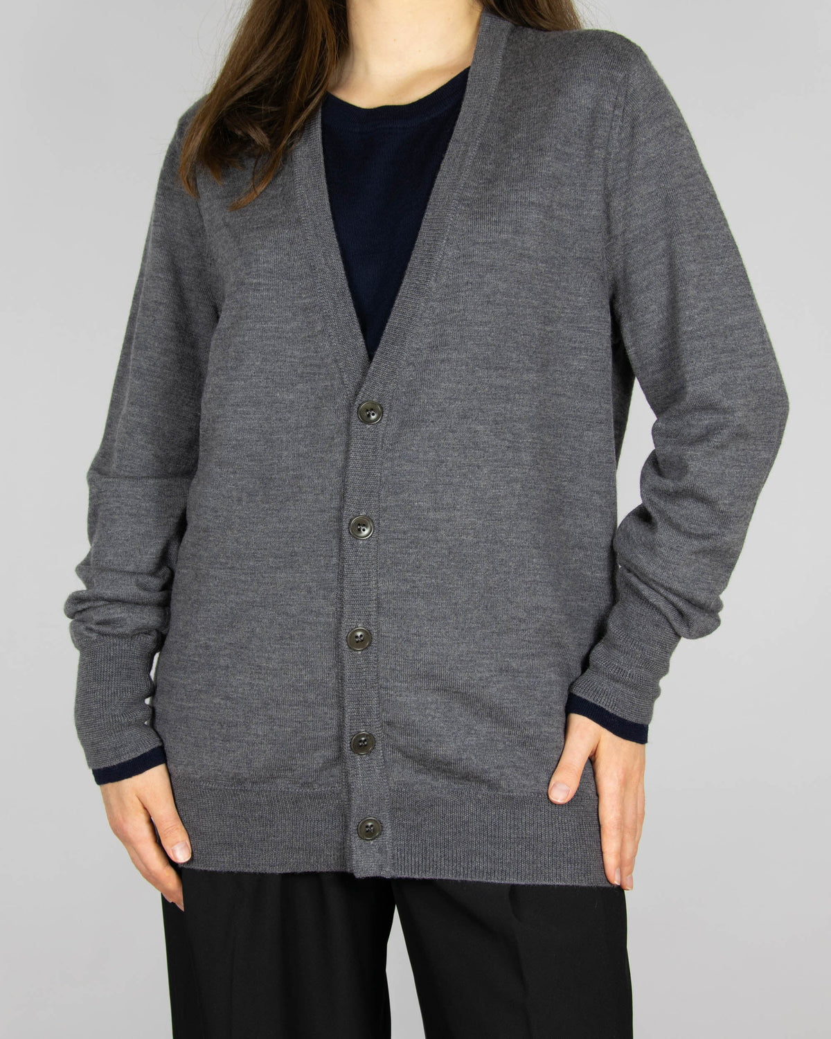 Grey and navy wool cardigan by luxury brand Maison Margiela
