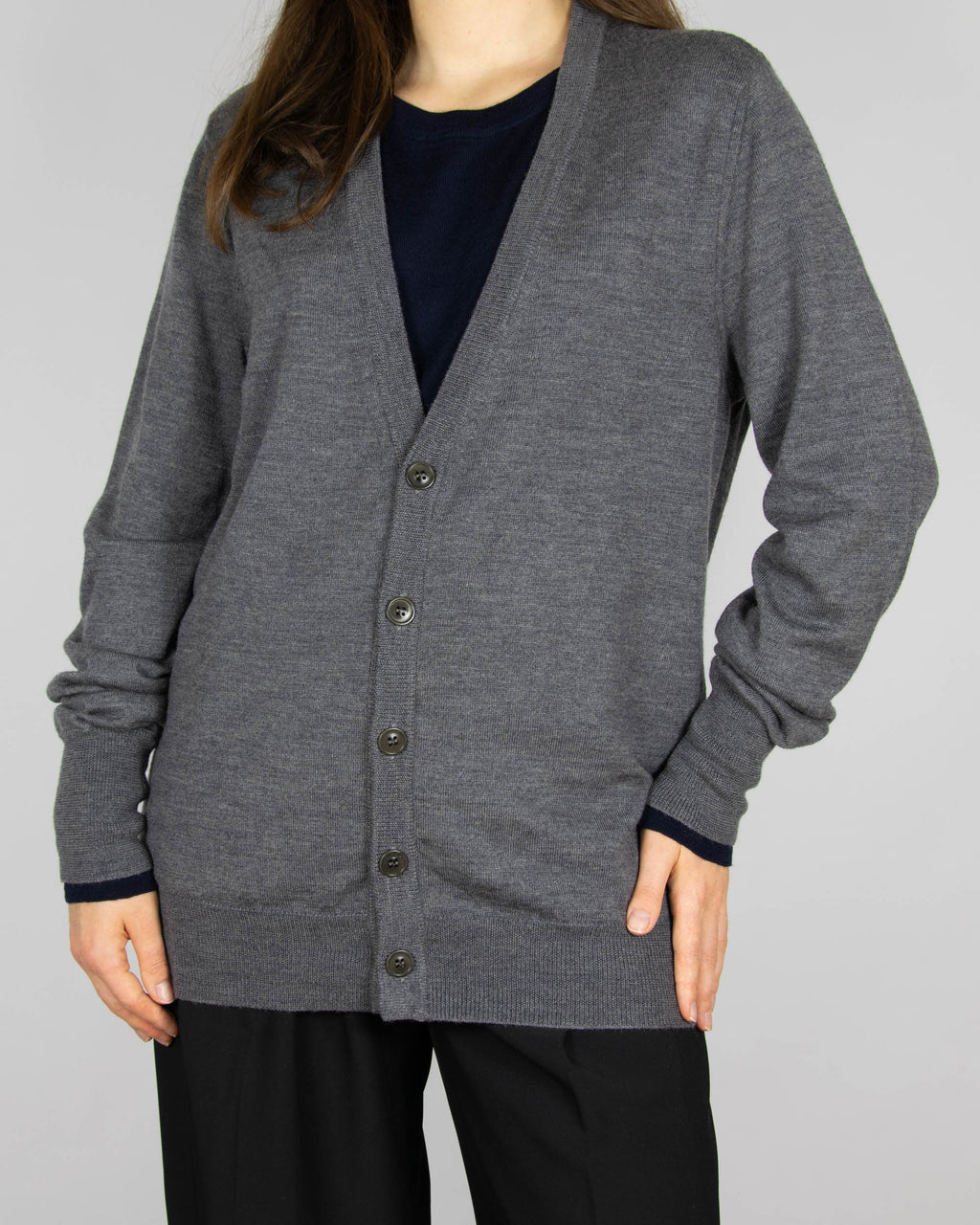 Grey and navy wool cardigan by luxury brand Maison Margiela