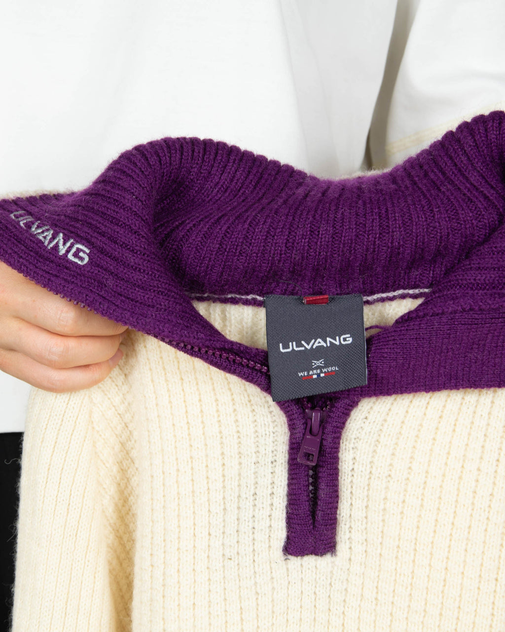 Cream and purple wool zip-up sweater by Ulvang