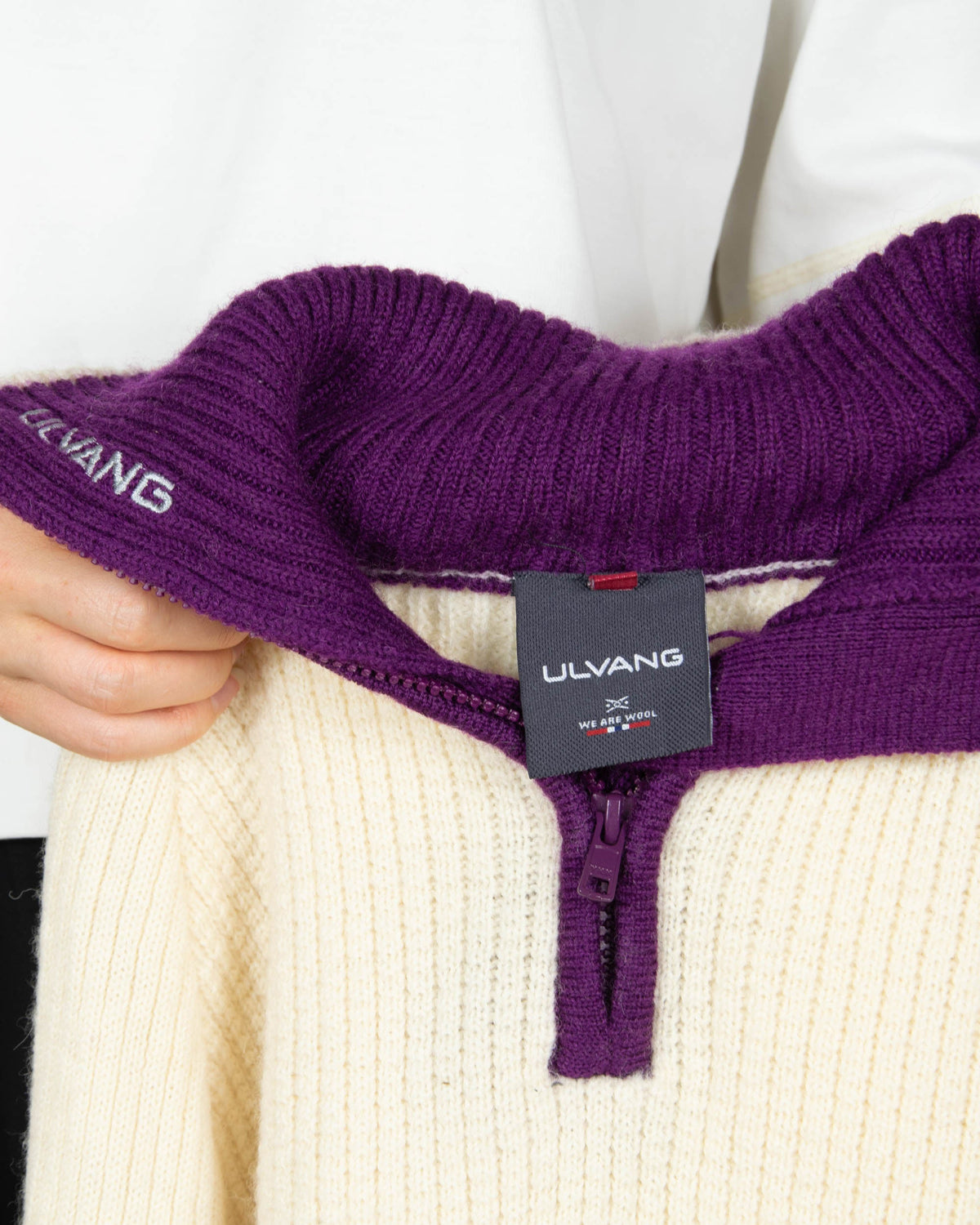 Cream and purple wool zip-up sweater by Ulvang