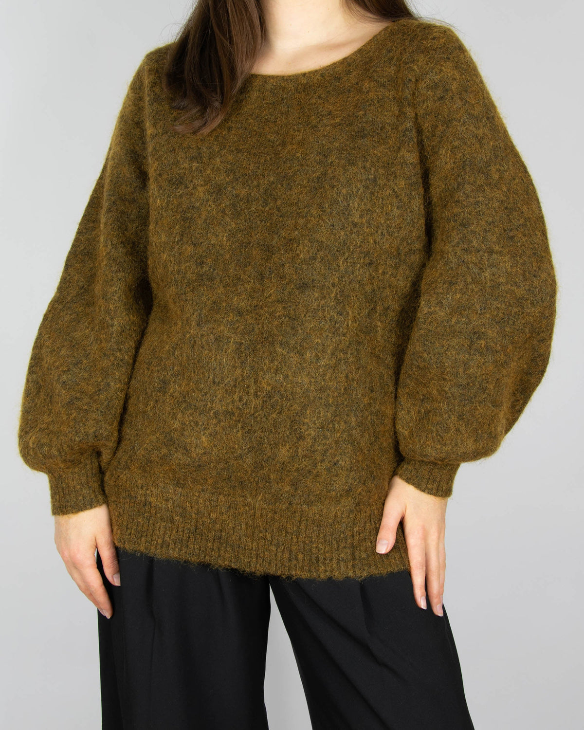 Dark khaki green fluffy mohair and wool sweater by premium brand Tiger of Sweden.