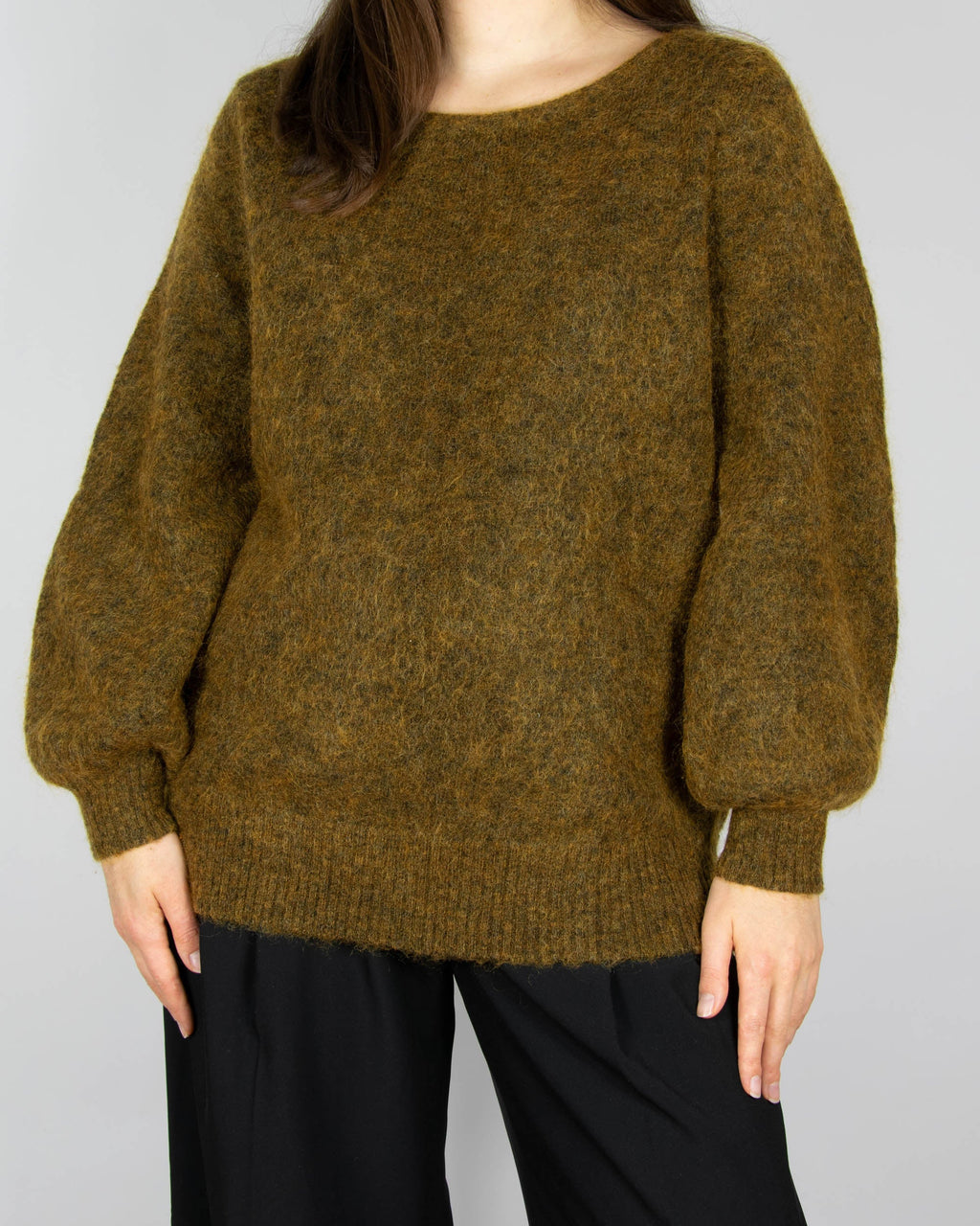 Dark khaki green fluffy mohair and wool sweater by premium brand Tiger of Sweden.