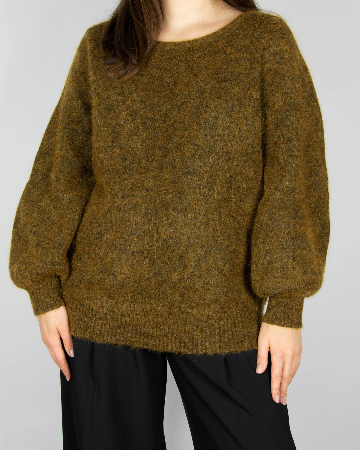 Dark khaki green fluffy mohair and wool sweater by premium brand Tiger of Sweden.