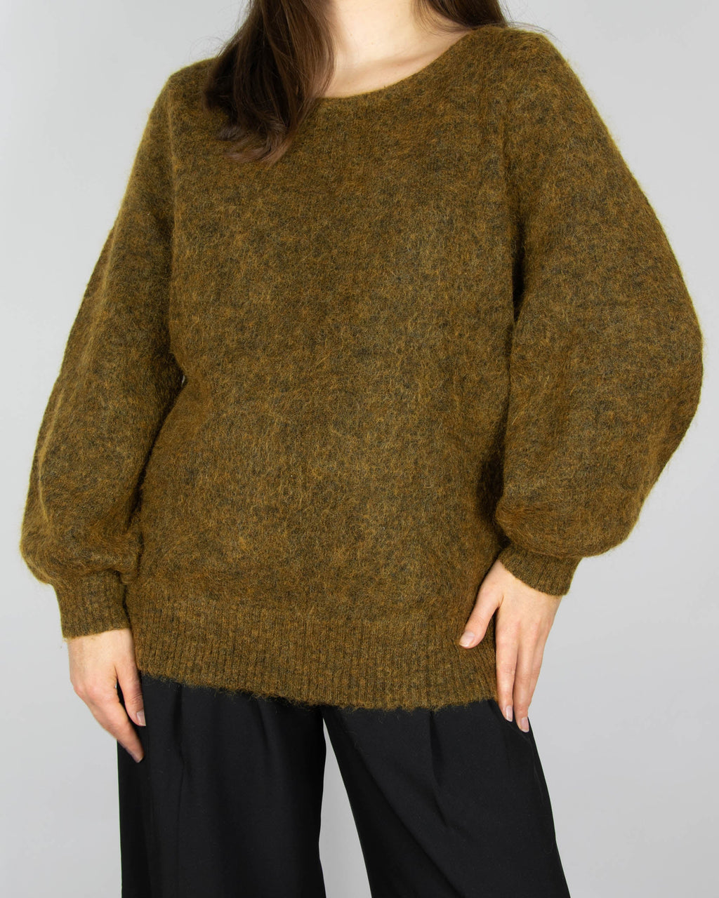 Dark khaki green fluffy mohair and wool sweater by premium brand Tiger of Sweden.