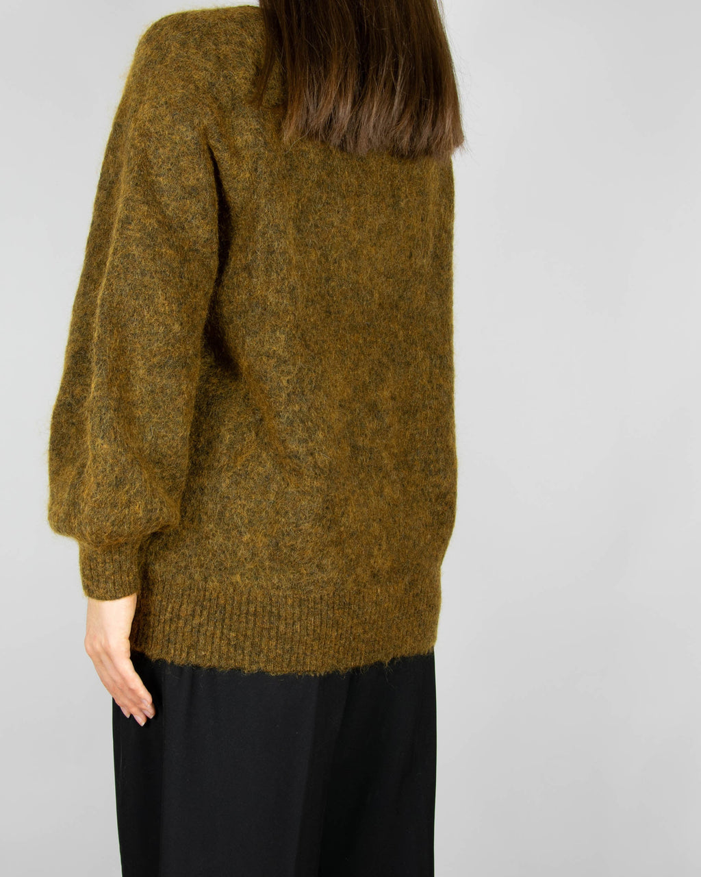 Dark khaki green fluffy mohair and wool sweater by premium brand Tiger of Sweden.