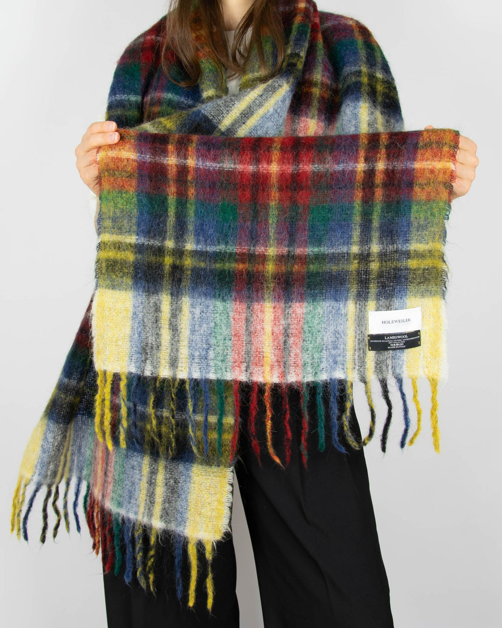 Multicoloured scarf made from mohair, alpaca and wool by Norwegian designer brand Holzweiler. Made in Italy.