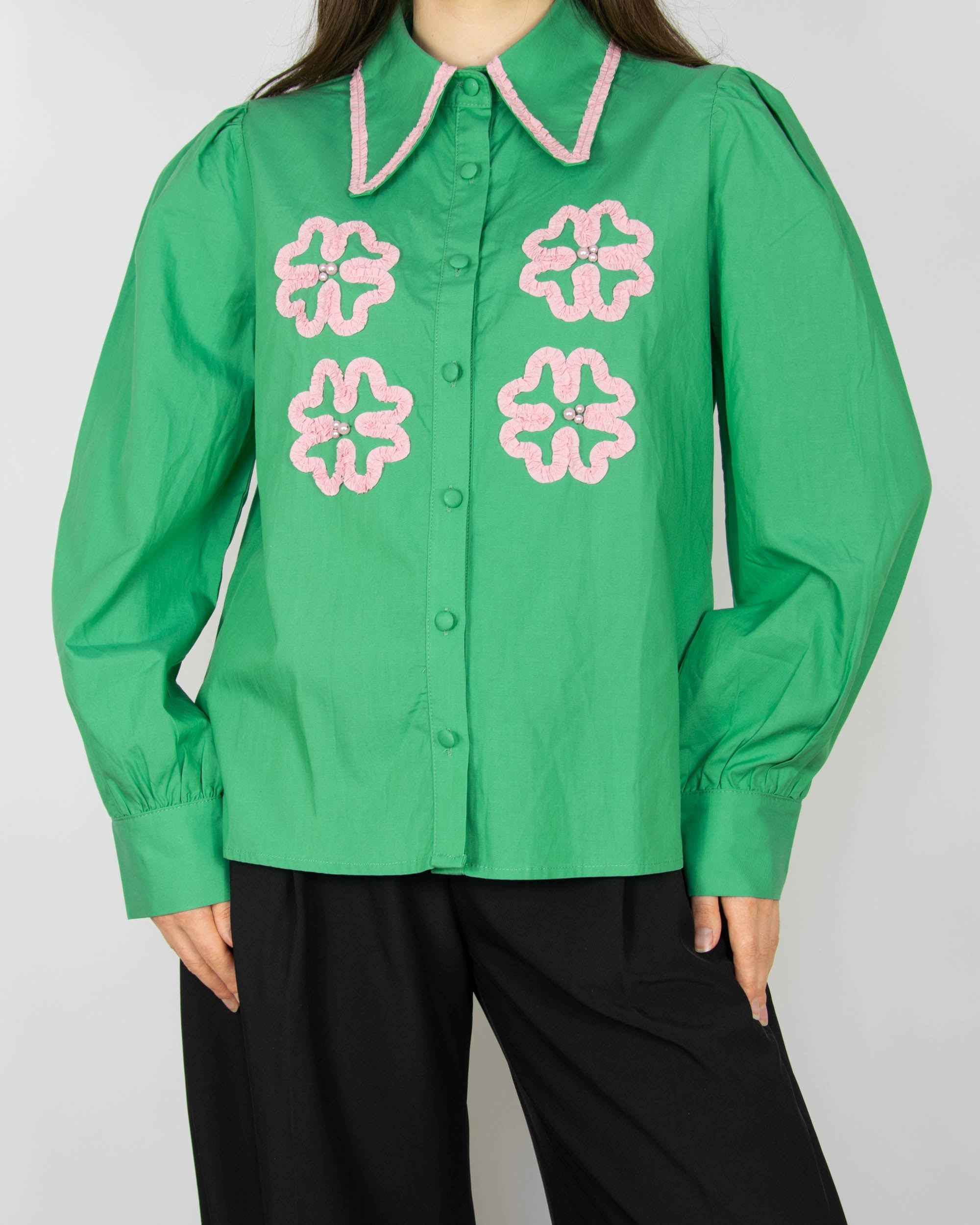 Green lyocell and cotton shirt with a pink floral appliqué by Sister Jane