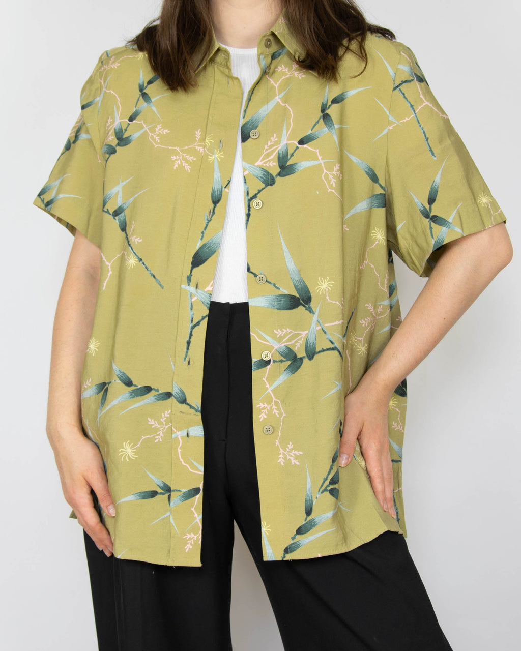 Khaki green short-sleeve modal shirt with a botanical print by COS