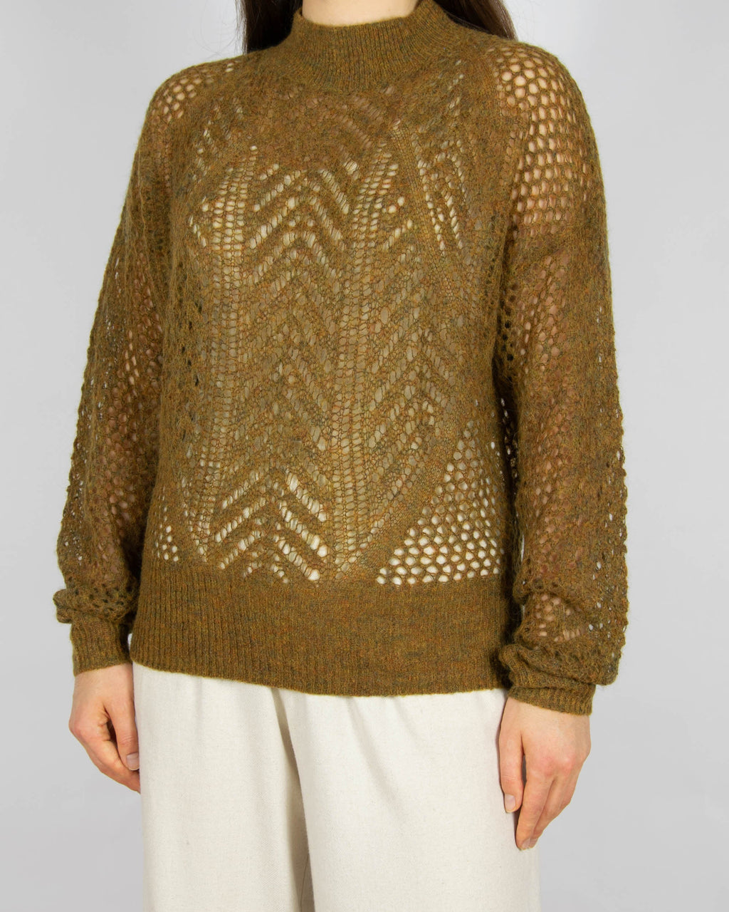 Green-brown superfine alpaca and extrafine merino wool sweater by WOODLING